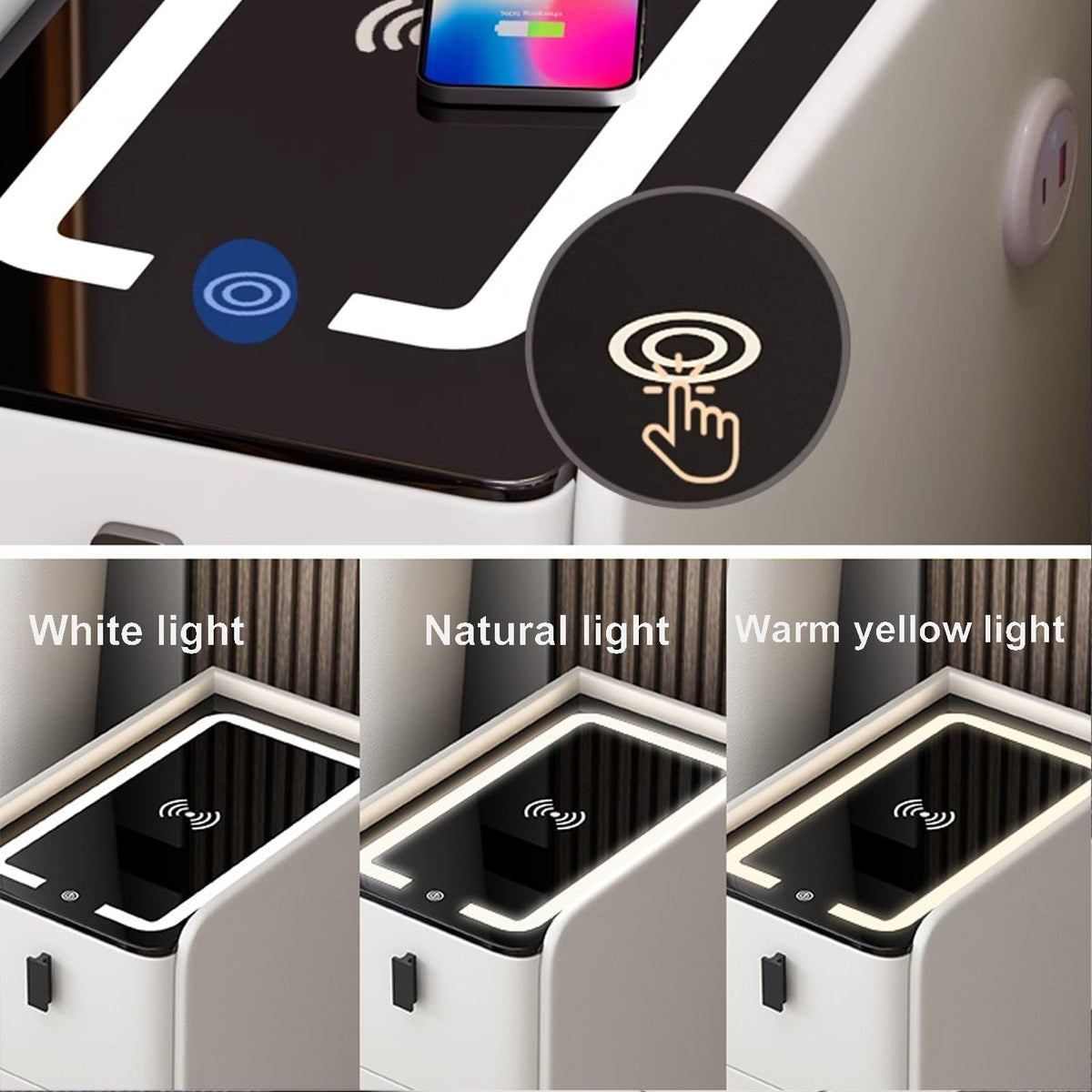 White Smart Nightstand with Fingerprint Lock, Wireless Charging, Speaker, USB Port, 3 LED Lights, 2 Storage Drawers M3531