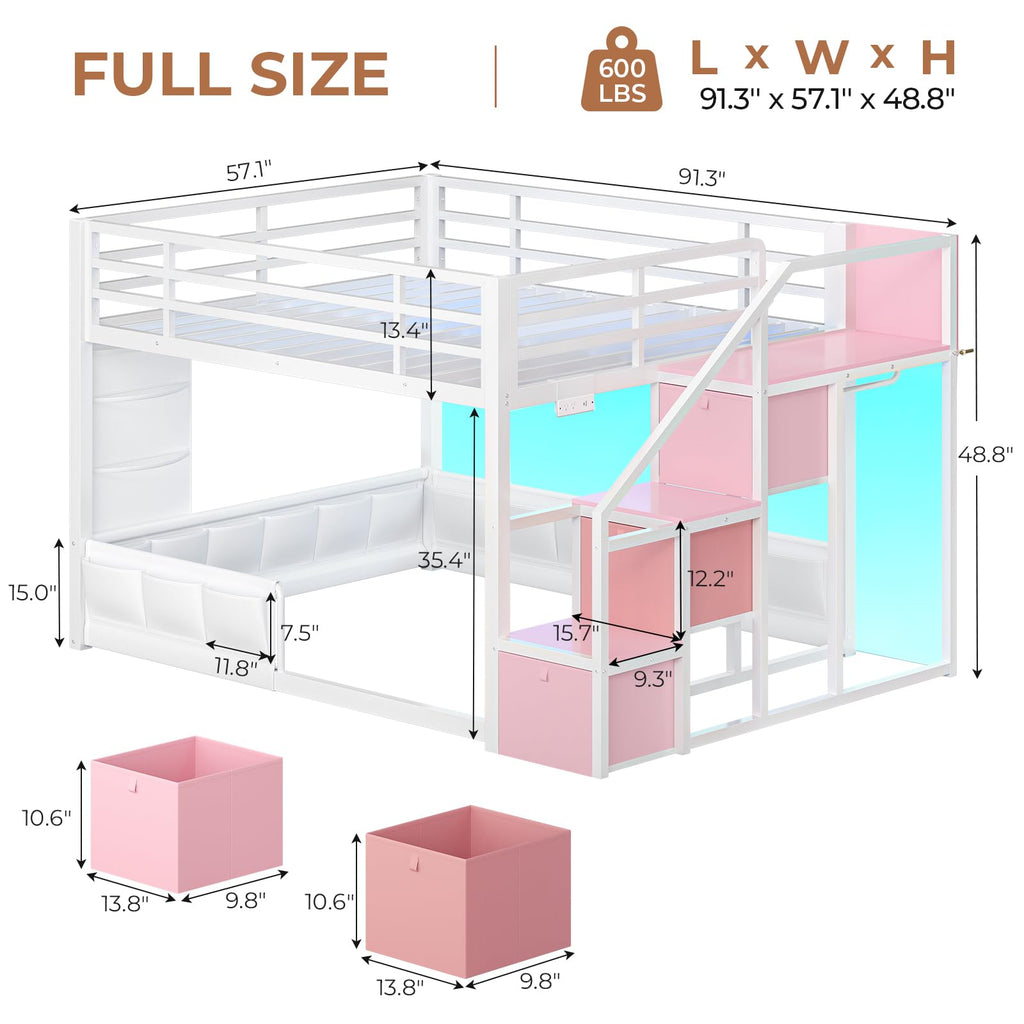 Full Over Full Bunk Bed with Storage Stairs and Drawers, White & Pink J6193
