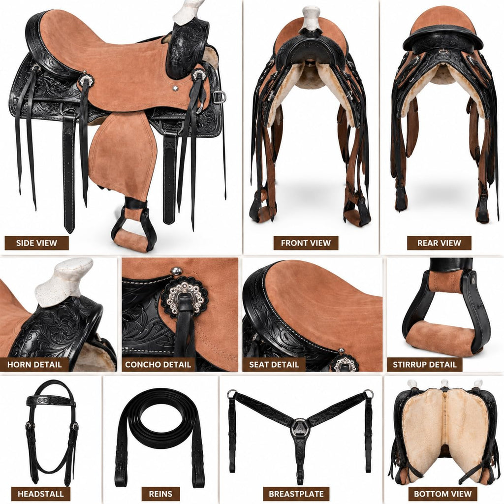 Argentina Cow Leather Saddle Set with Headstall, Reins & Breastplate H468