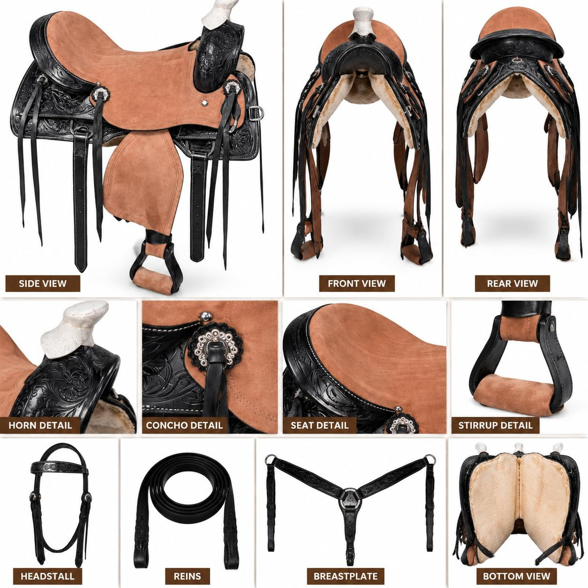 Argentina Cow Leather Saddle Set with Headstall, Reins & Breastplate H468