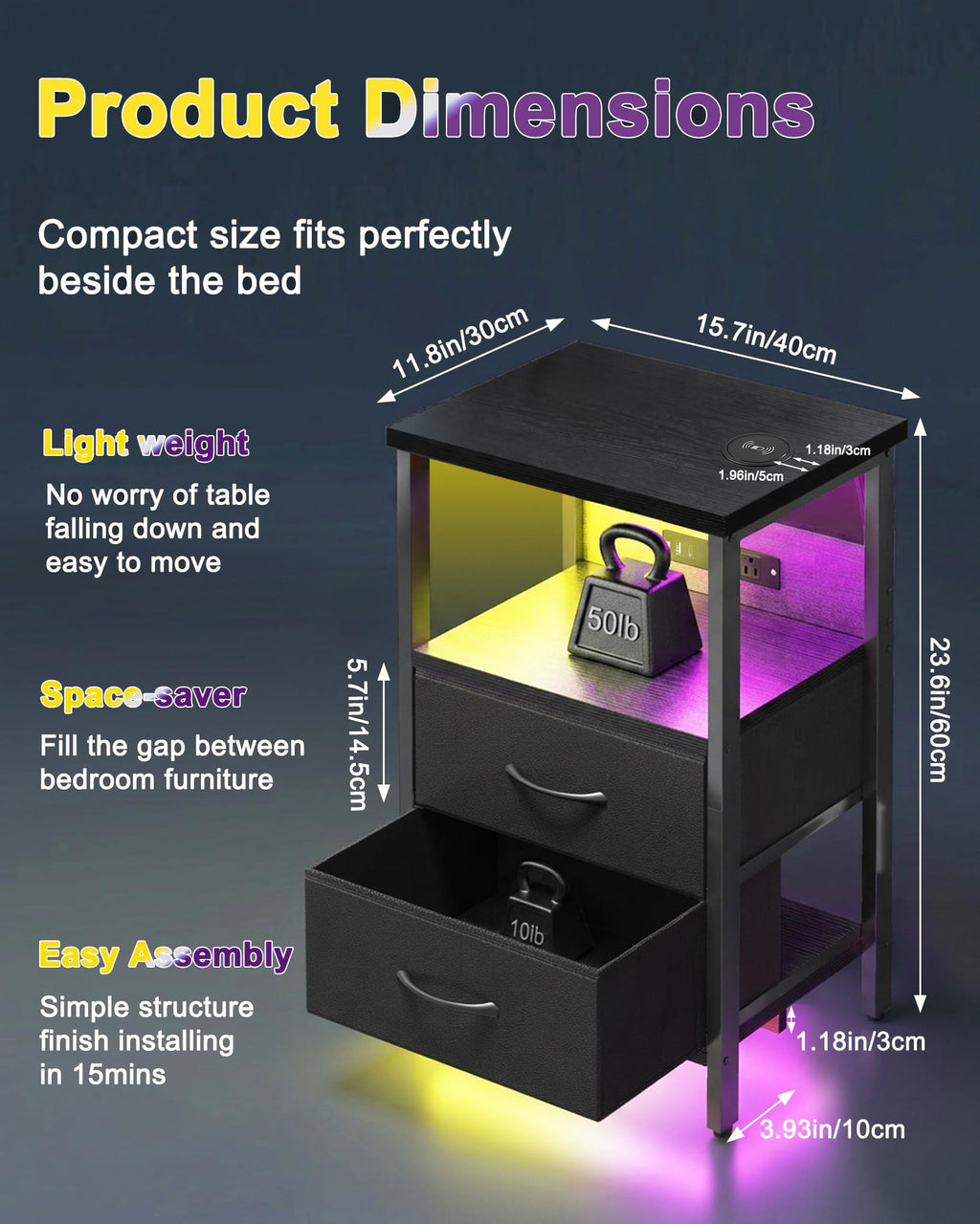 Black Smart Nightstand with Wireless Charging C42975
