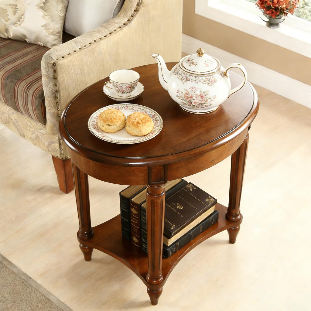 Oval Cherry Finish Wood End Table with Storage Shelf H67266