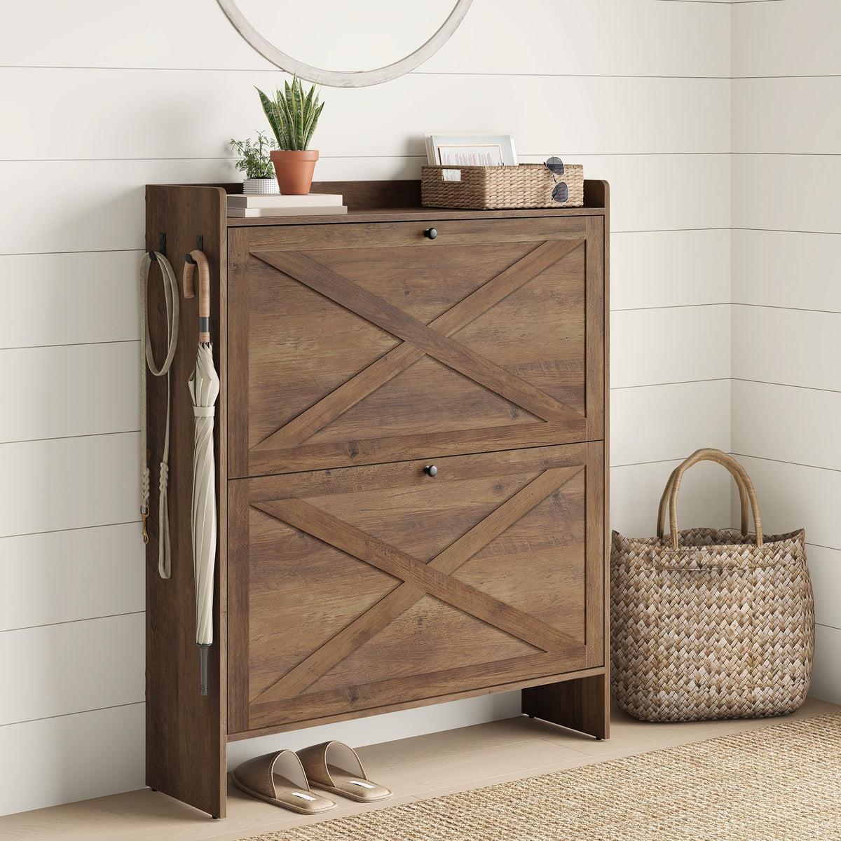 Narrow Shoe Storage Cabinet with 2 Flip Drawers I980402