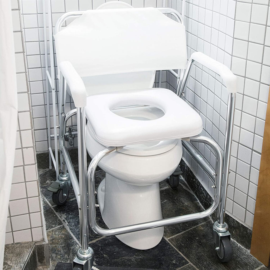 Rolling Shower Commode Chair Aluminum Frame White 250 Lb. Weight Capacity C9831