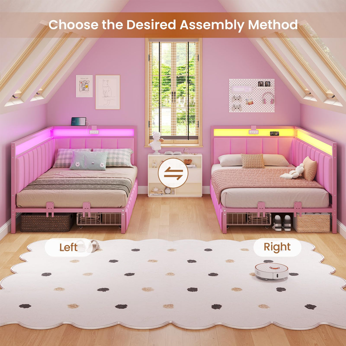 Pink Twin Size Corner Bed Frame with Storage Drawers O386
