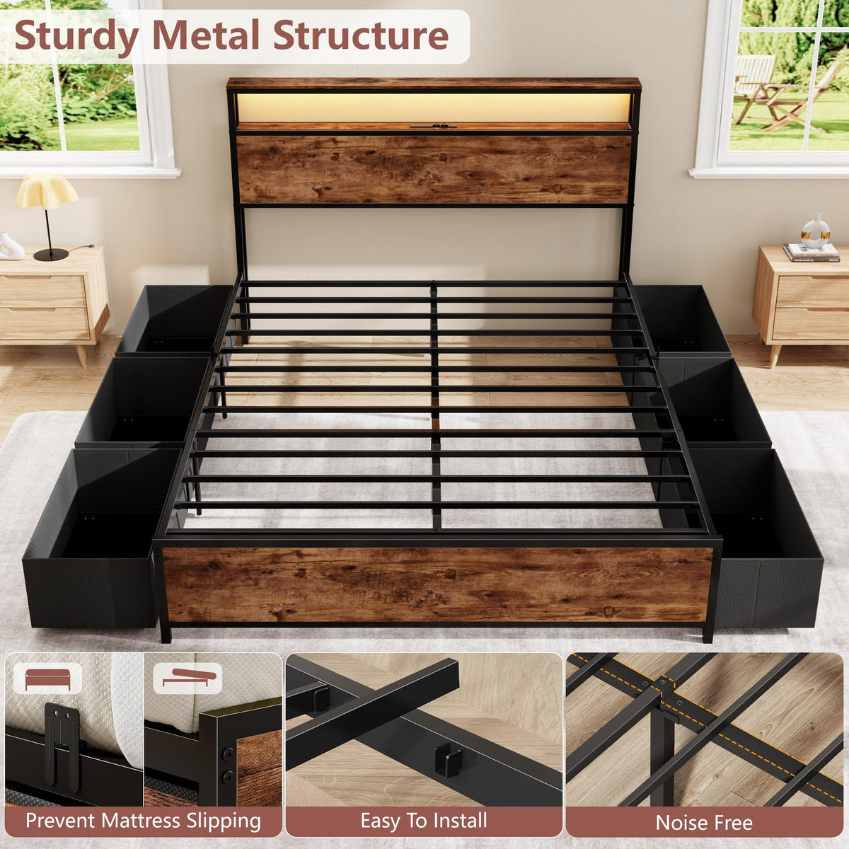 Queen Bed Frame with Storage Headboard & 6 Drawers T5435