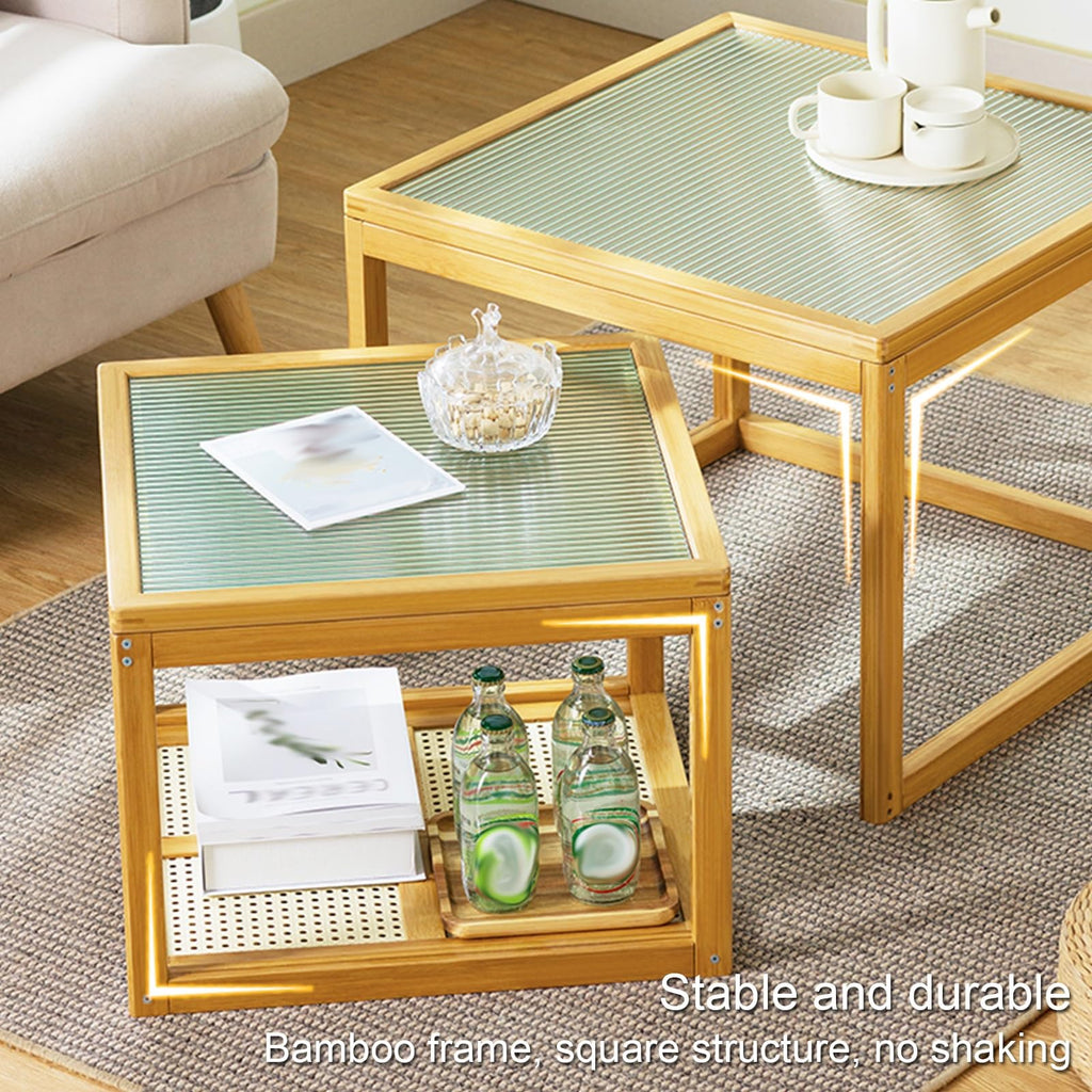 Brown Square Nesting Coffee Table Set of 2 with Tempered Glass and Bamboo O236663