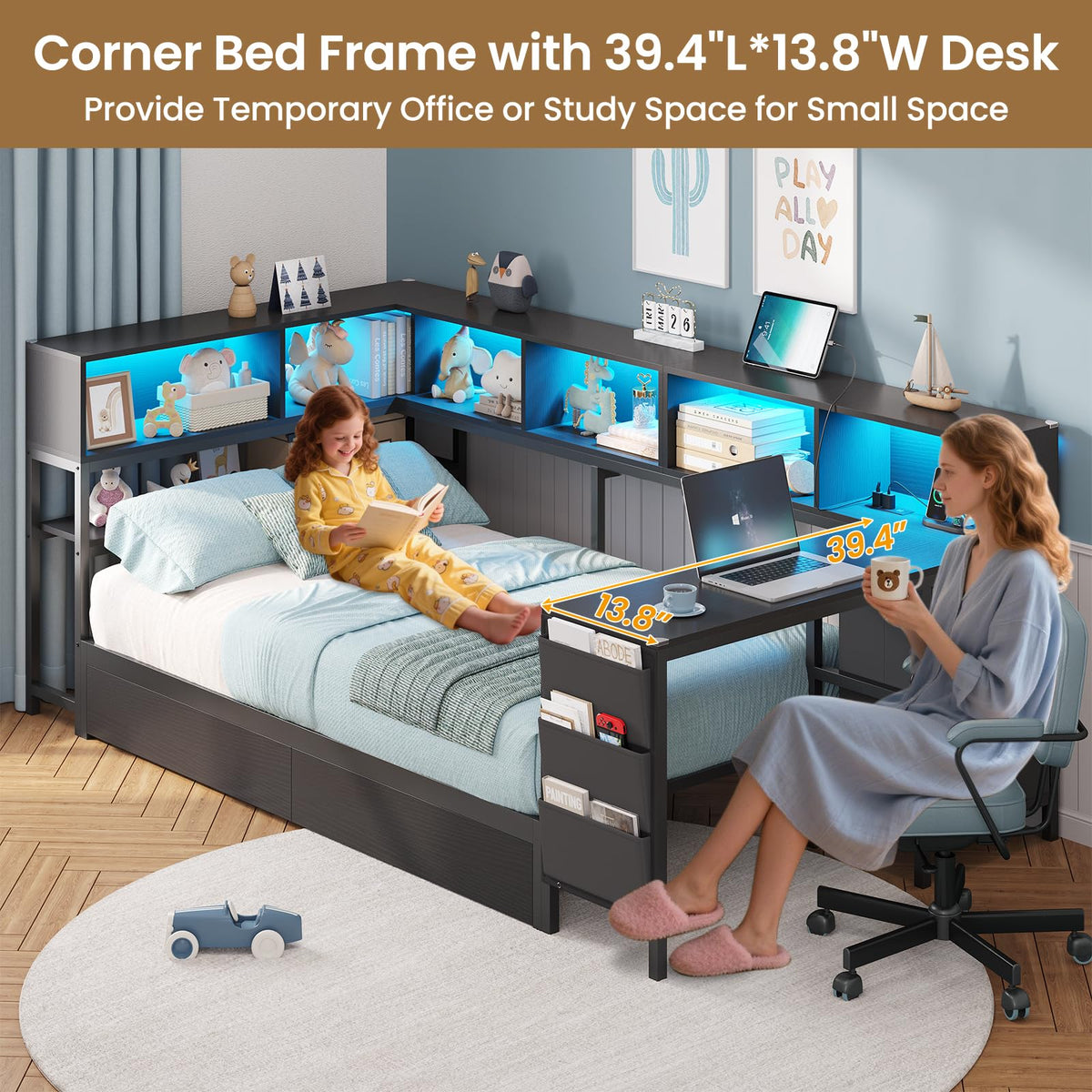 Black Twin Size Corner Bed Frame with Desk and Storage N5858