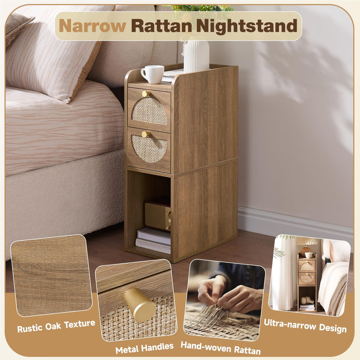 Narrow Rattan Wood Nightstand with 2 Drawers Q1896