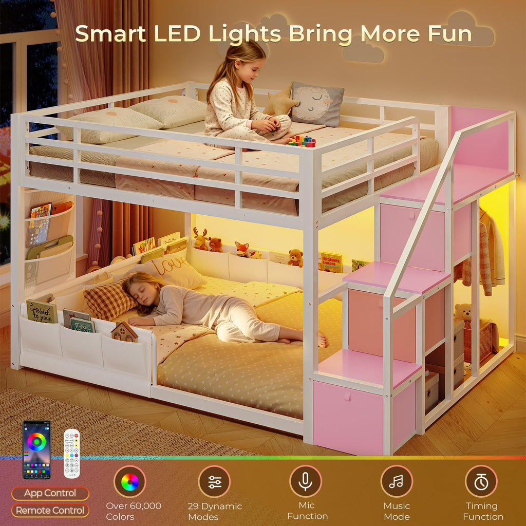 Full Over Full Bunk Bed with Storage Stairs and Drawers, White & Pink J6193