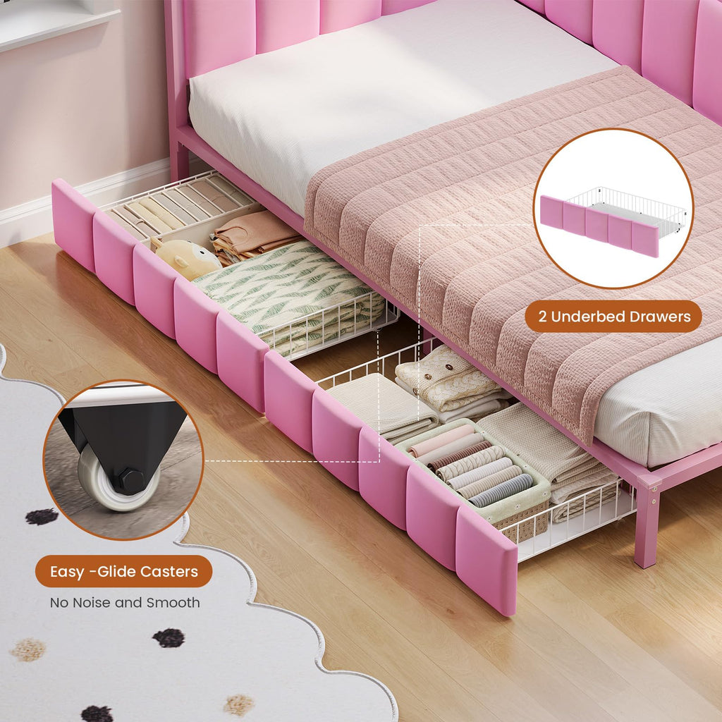 Pink Twin Size Corner Bed Frame with Storage Drawers O386