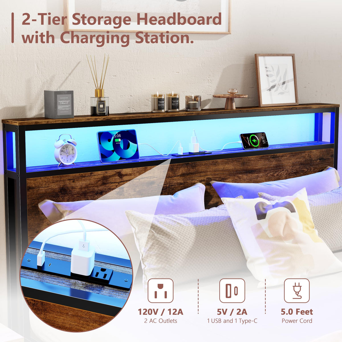 Queen Bed Frame with Storage Headboard & 6 Drawers T5435