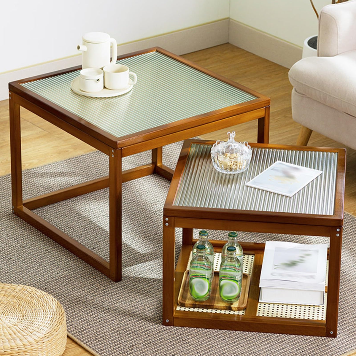 Brown Square Nesting Coffee Table Set of 2 with Tempered Glass and Bamboo O236663