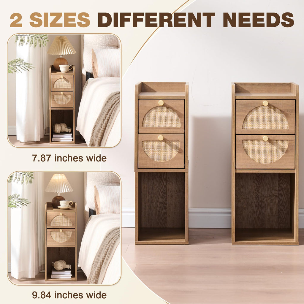 Narrow Rattan Wood Nightstand with 2 Drawers Q1896