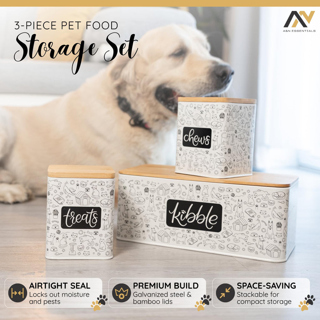 3-Piece Airtight Galvanized Steel Pet Food Storage Container Set with Bamboo Lids L153929