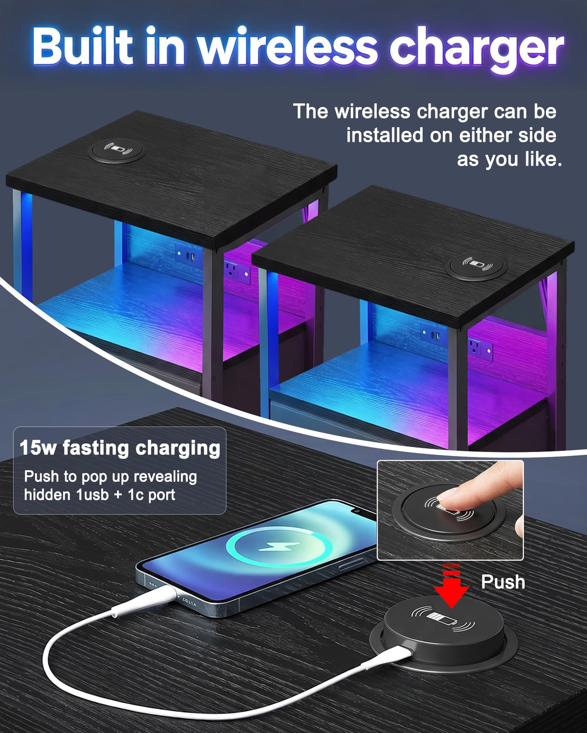 Black Smart Nightstand with Wireless Charging C42975