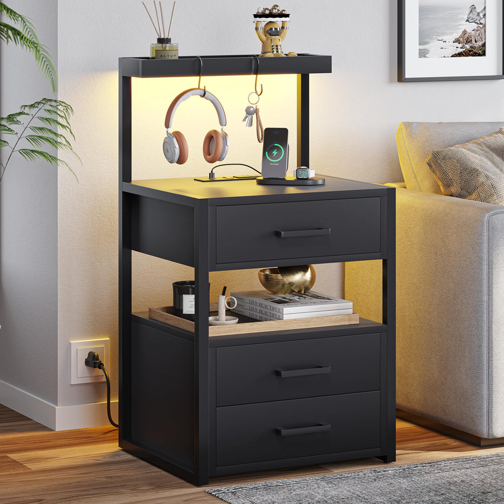 Black 3 Drawer Nightstand with Charging Station Q5496