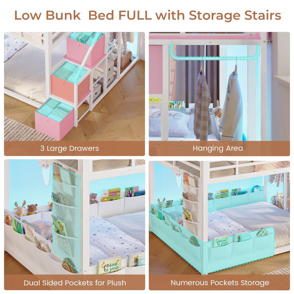 Full Over Full Bunk Bed with Storage Stairs and Drawers, White & Pink J6193