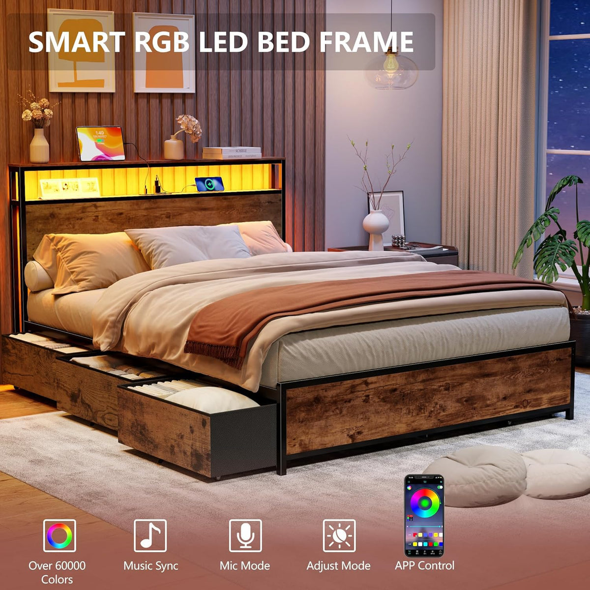 Queen Bed Frame with Storage Headboard & 6 Drawers T5435
