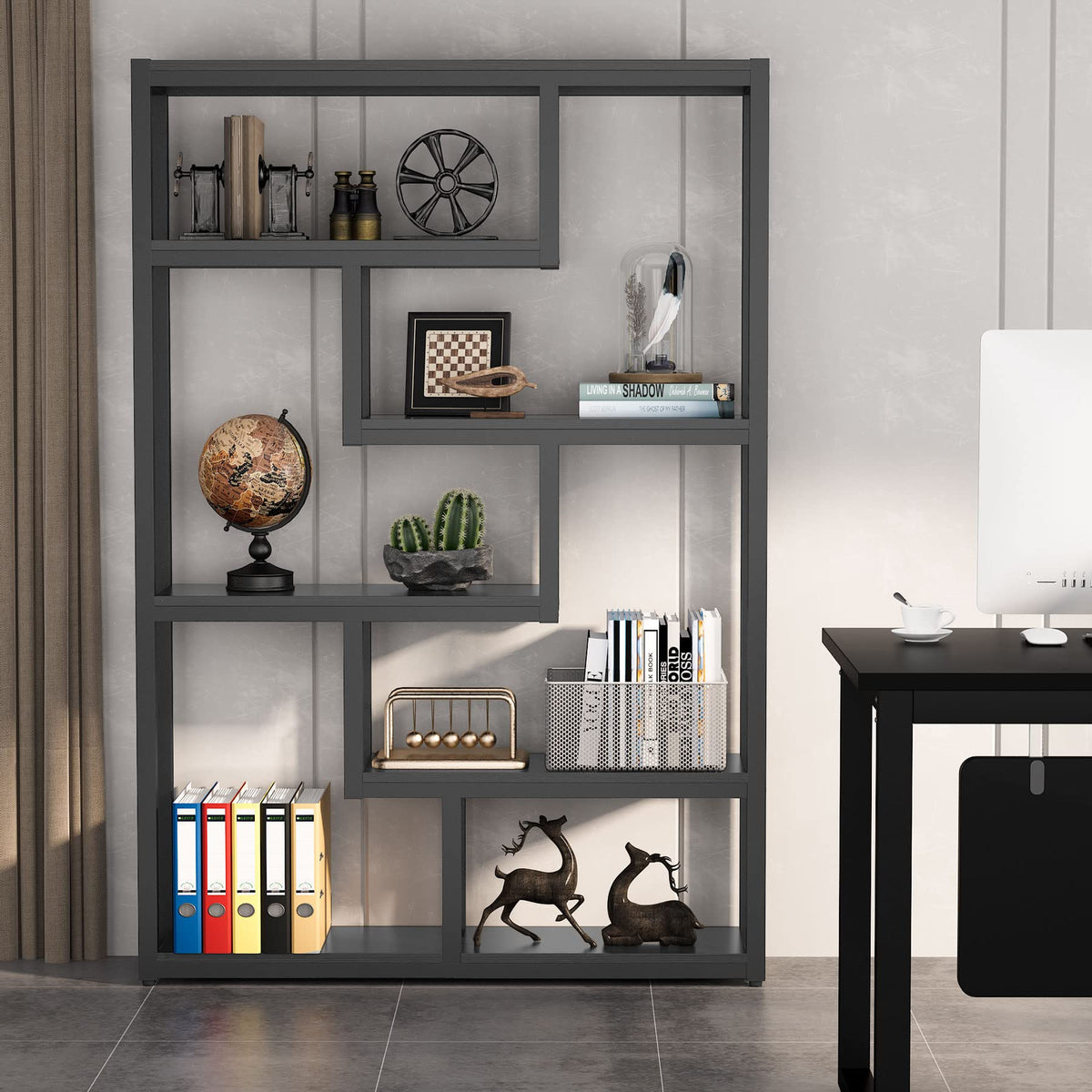6-Shelf 69 Inch Tall Black Bookshelf T431