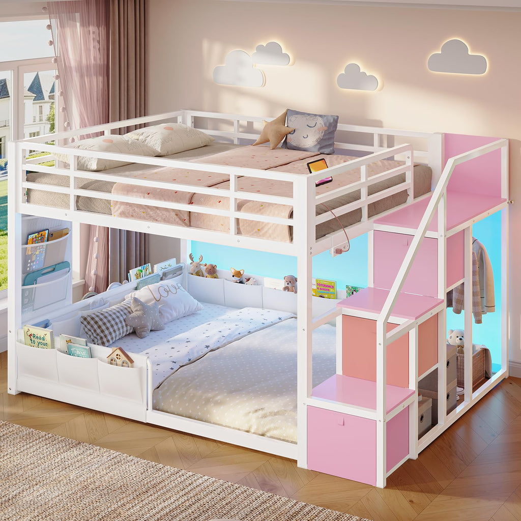 Full Over Full Bunk Bed with Storage Stairs and Drawers, White & Pink J6193
