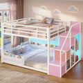 Full Over Full Bunk Bed with Storage Stairs and Drawers, White & Pink J6193