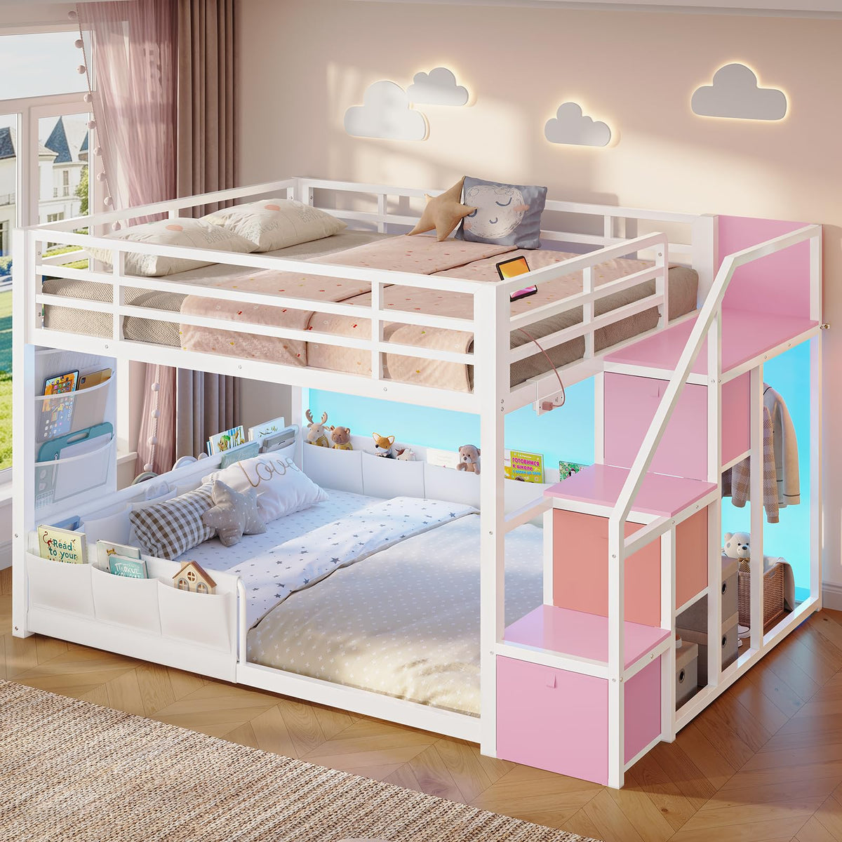 Full Over Full Bunk Bed with Storage Stairs and Drawers, White & Pink J6193