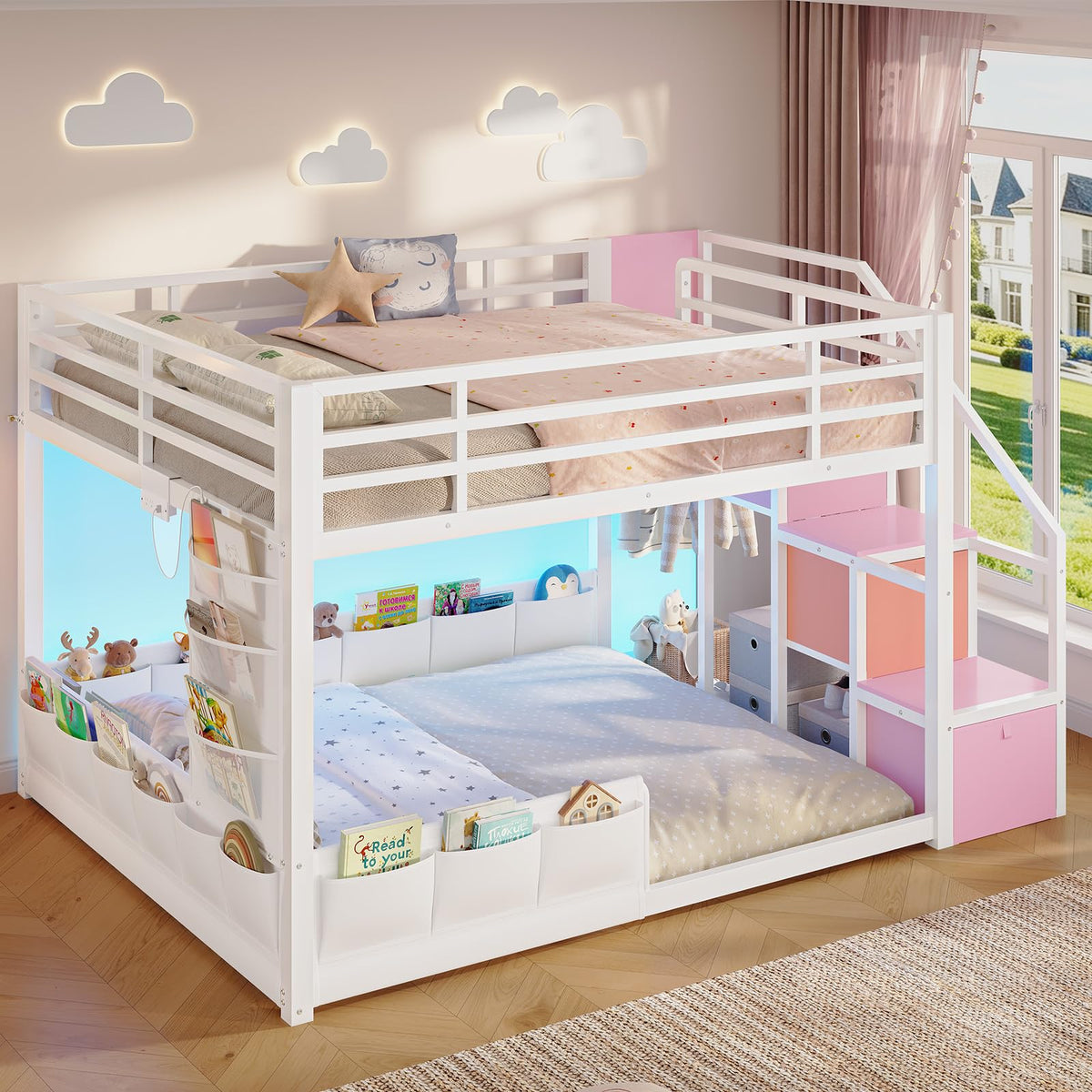Full Over Full Bunk Bed with Storage Stairs and Drawers, White & Pink J6193