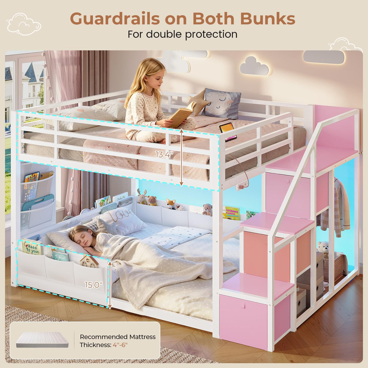 Full Over Full Bunk Bed with Storage Stairs and Drawers, White & Pink J6193