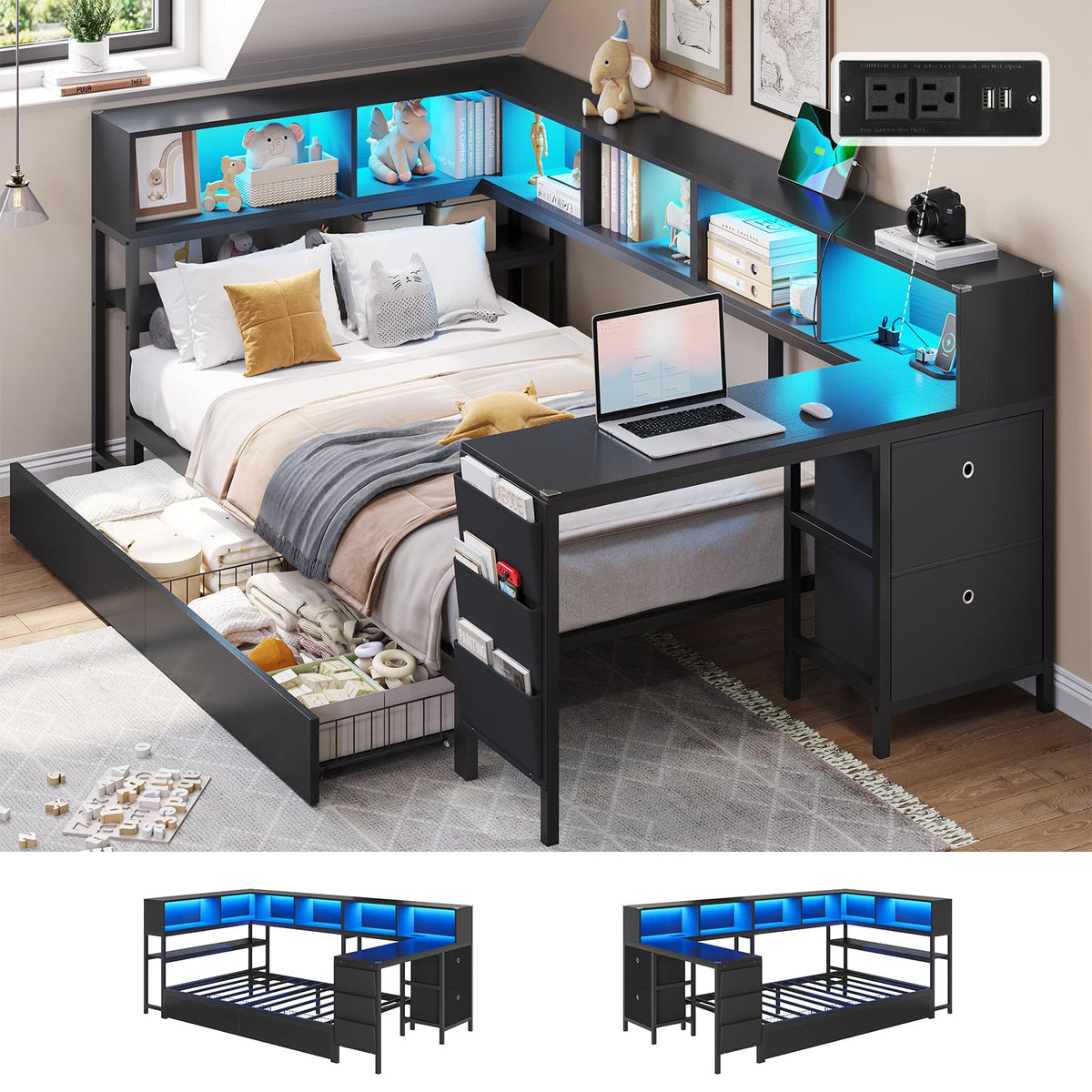 Black Twin Size Corner Bed Frame with Desk and Storage N5858