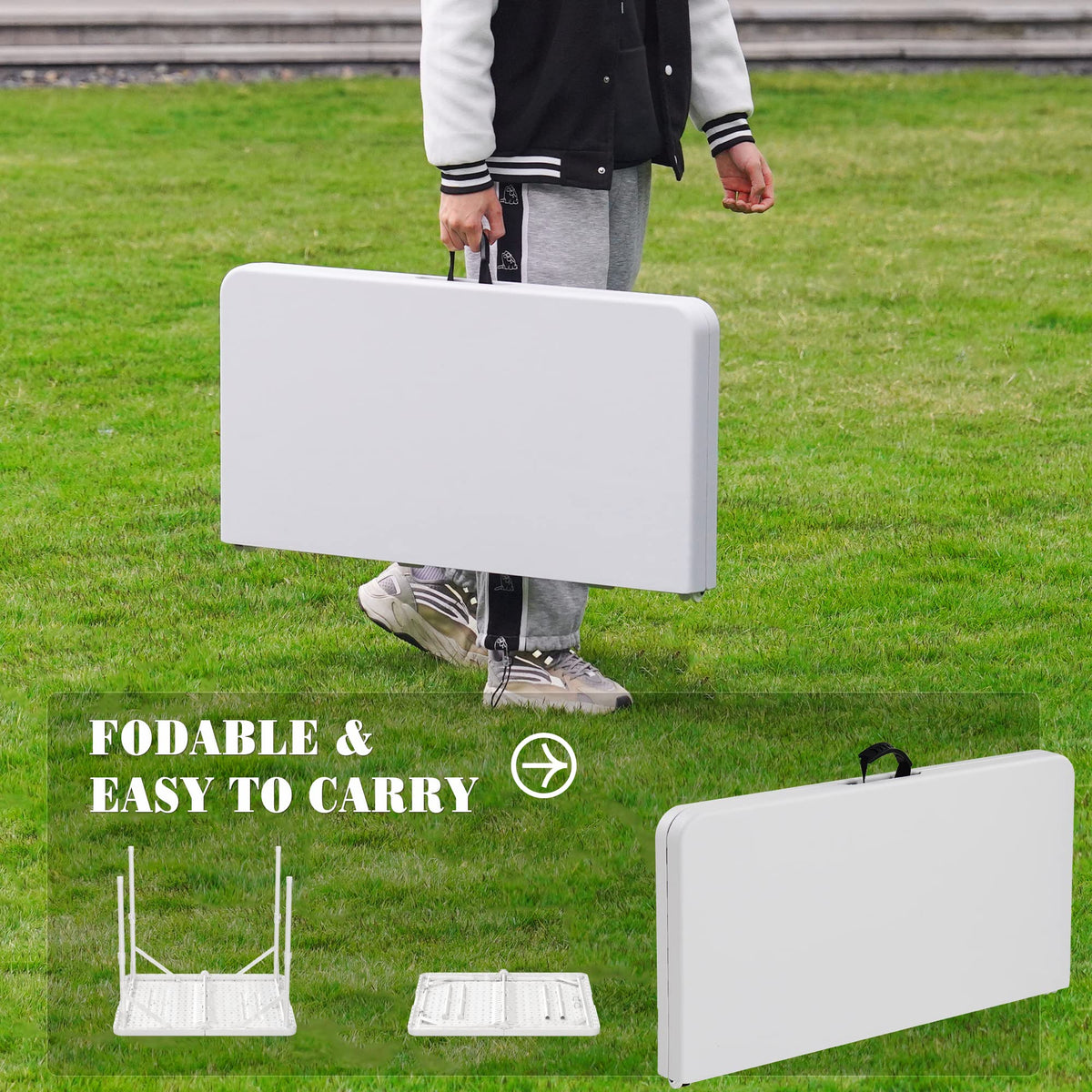 34'' Square Folding Card Table, Portable Plastic Dining Table with Carry Handle, White L568