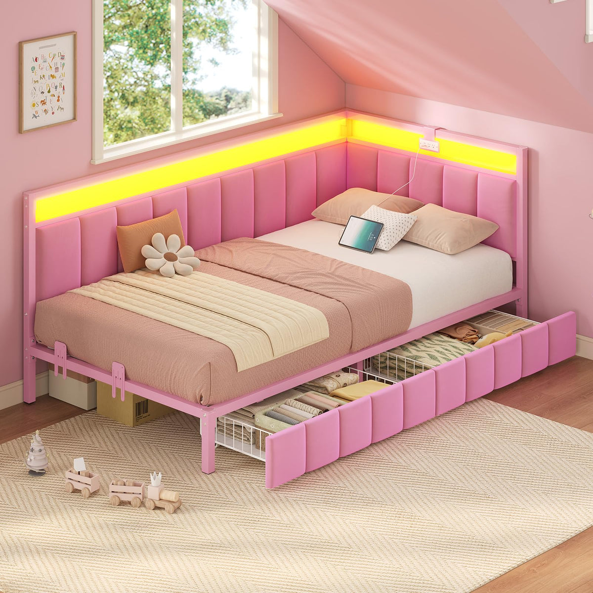 Pink Twin Size Corner Bed Frame with Storage Drawers O386