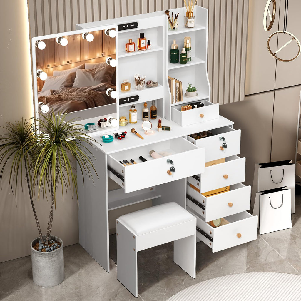 White Vanity Mirror with Lights Desk and Chair 5 Drawers Makeup Table W3806