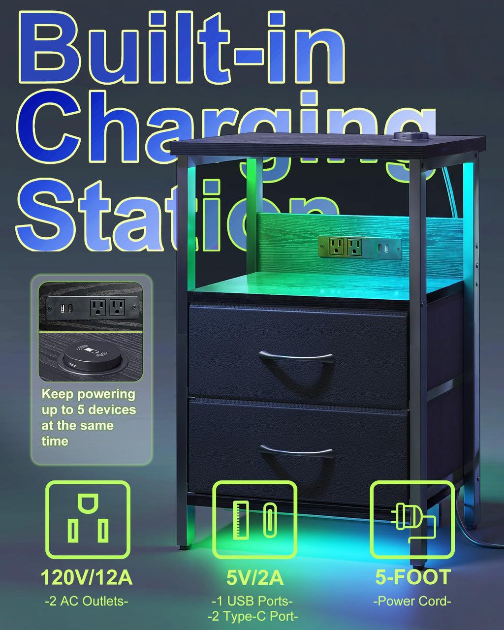 Black Smart Nightstand with Wireless Charging C42975