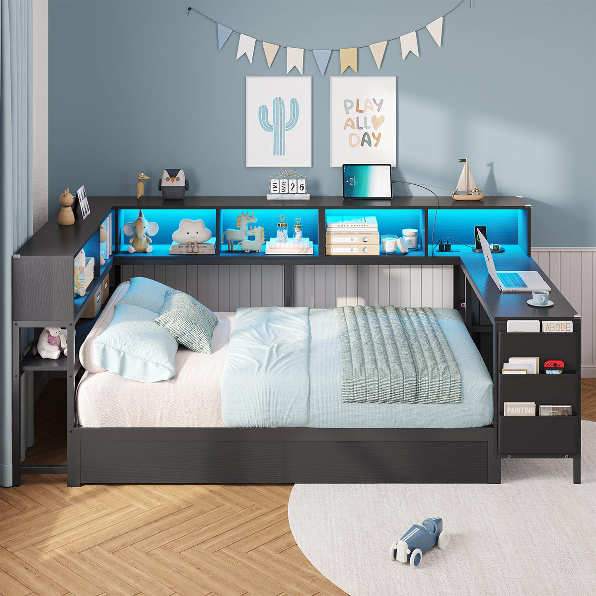 Black Twin Size Corner Bed Frame with Desk and Storage N5858