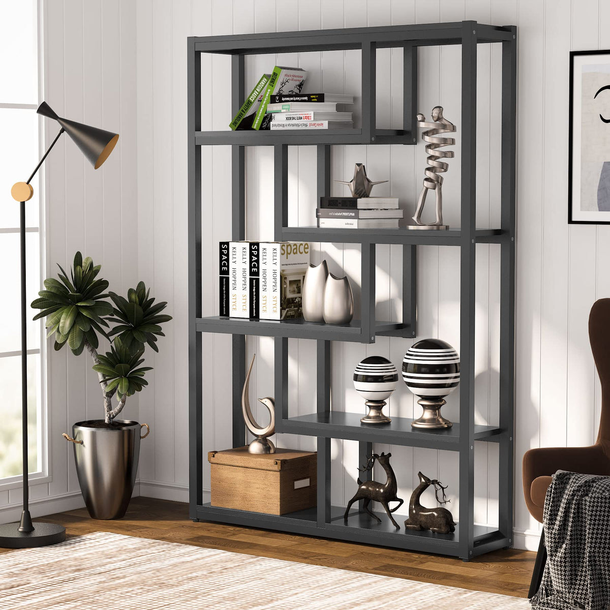6-Shelf 69 Inch Tall Black Bookshelf T431