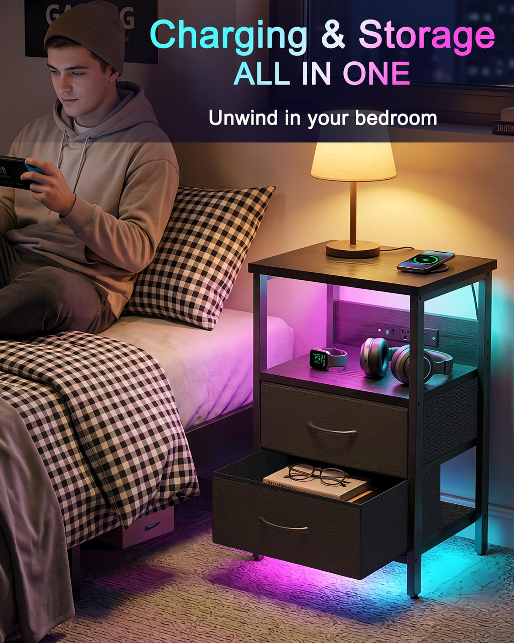 Black Smart Nightstand with Wireless Charging C42975
