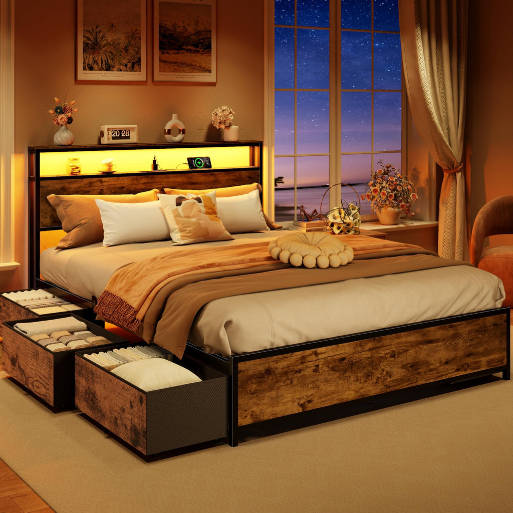 Queen Bed Frame with Storage Headboard & 6 Drawers T5435