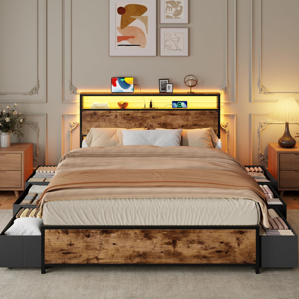 Queen Bed Frame with Storage Headboard & 6 Drawers T5435