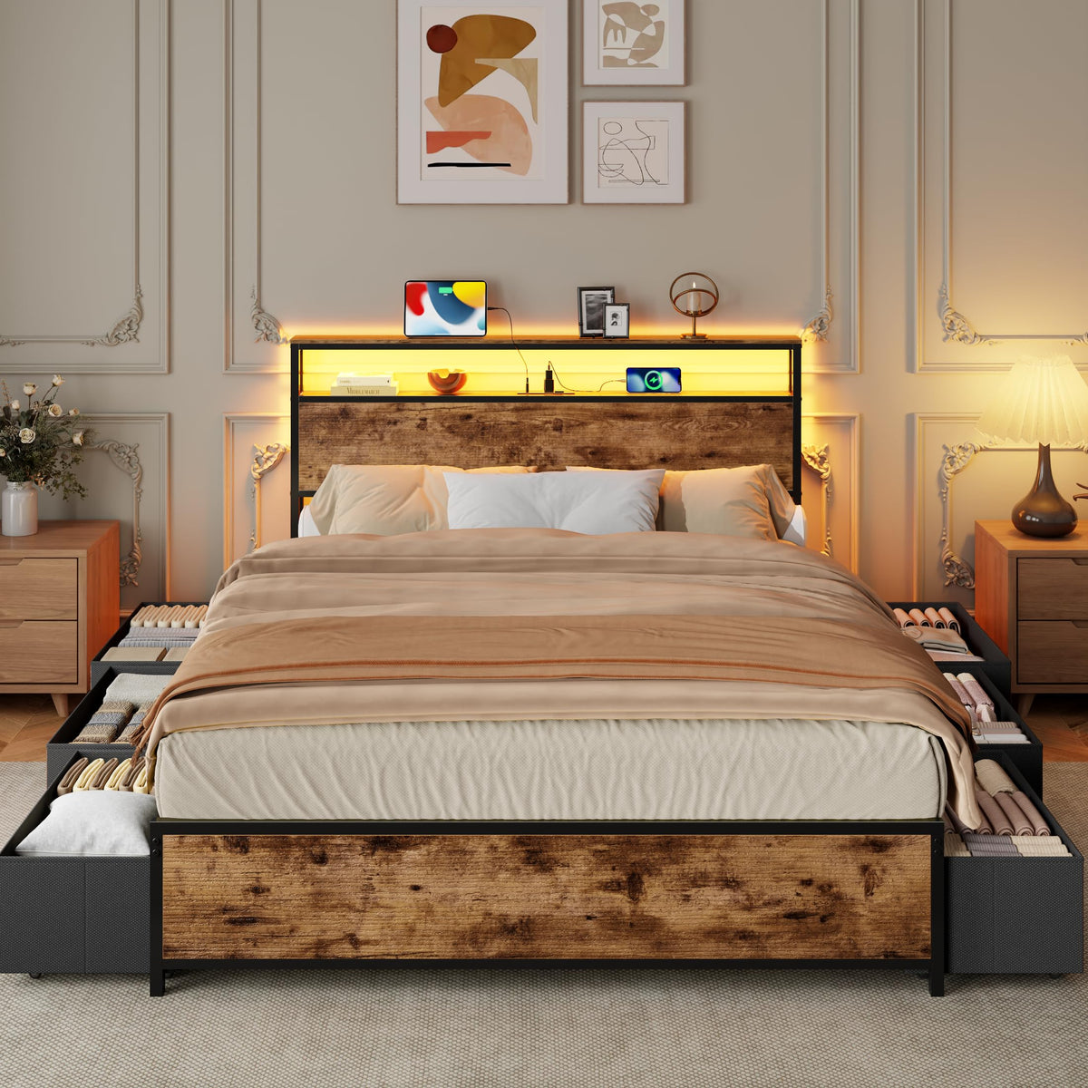 Queen Bed Frame with Storage Headboard & 6 Drawers T5435
