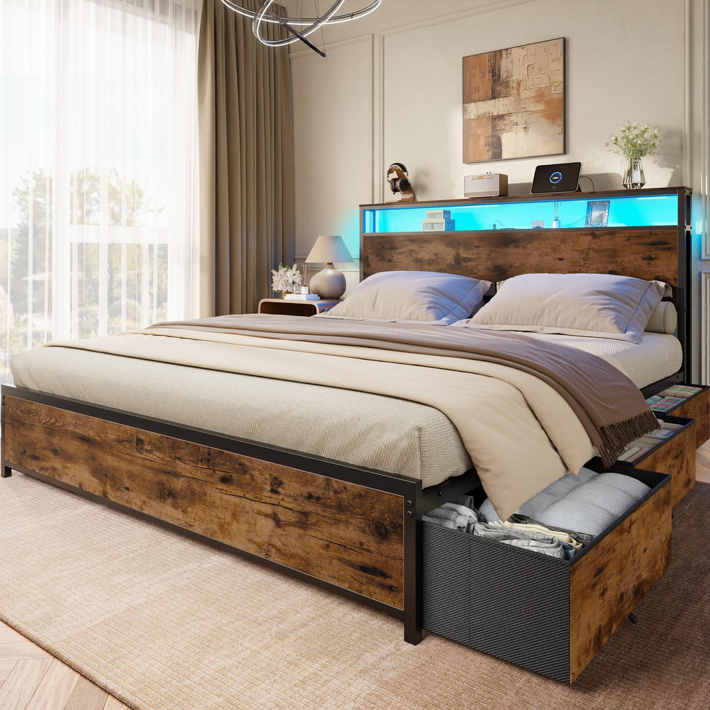 Queen Bed Frame with Storage Headboard & 6 Drawers T5435