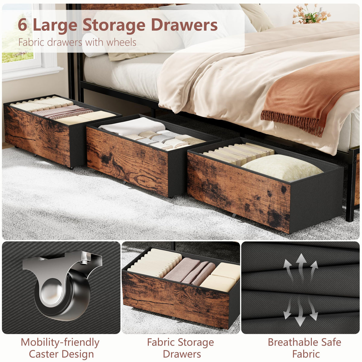 Queen Bed Frame with Storage Headboard & 6 Drawers T5435