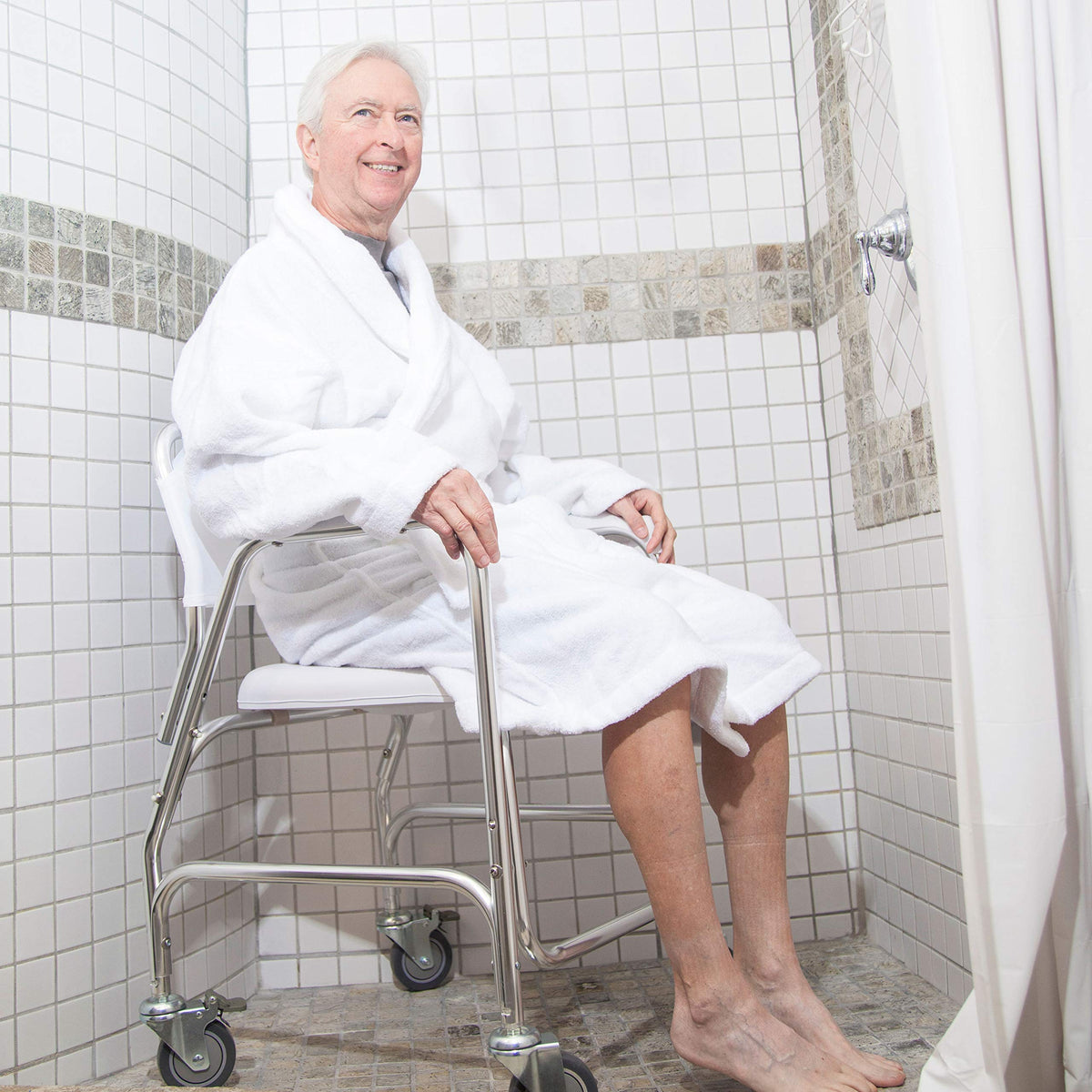Rolling Shower Commode Chair Aluminum Frame White 250 Lb. Weight Capacity C9831