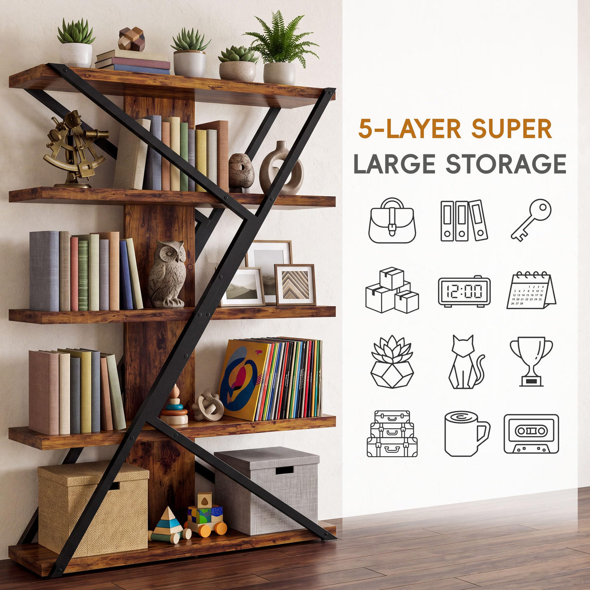 5-Tier Wood and Metal Bookcase Y751074